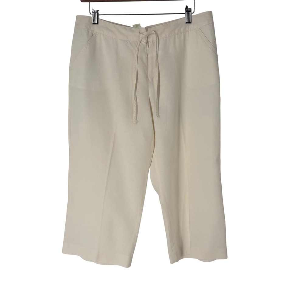 Sigrid Olsen Womens 10 Cream 100% Linen Cropped Wide Leg Drawstring Pants
